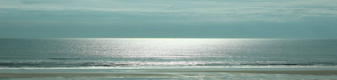 beach setting with waves crashing on the shore with water out on the horizon