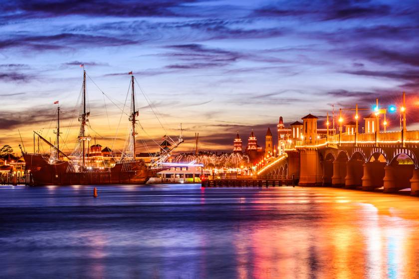 View of St. Augustine, Fl from the water at sunset